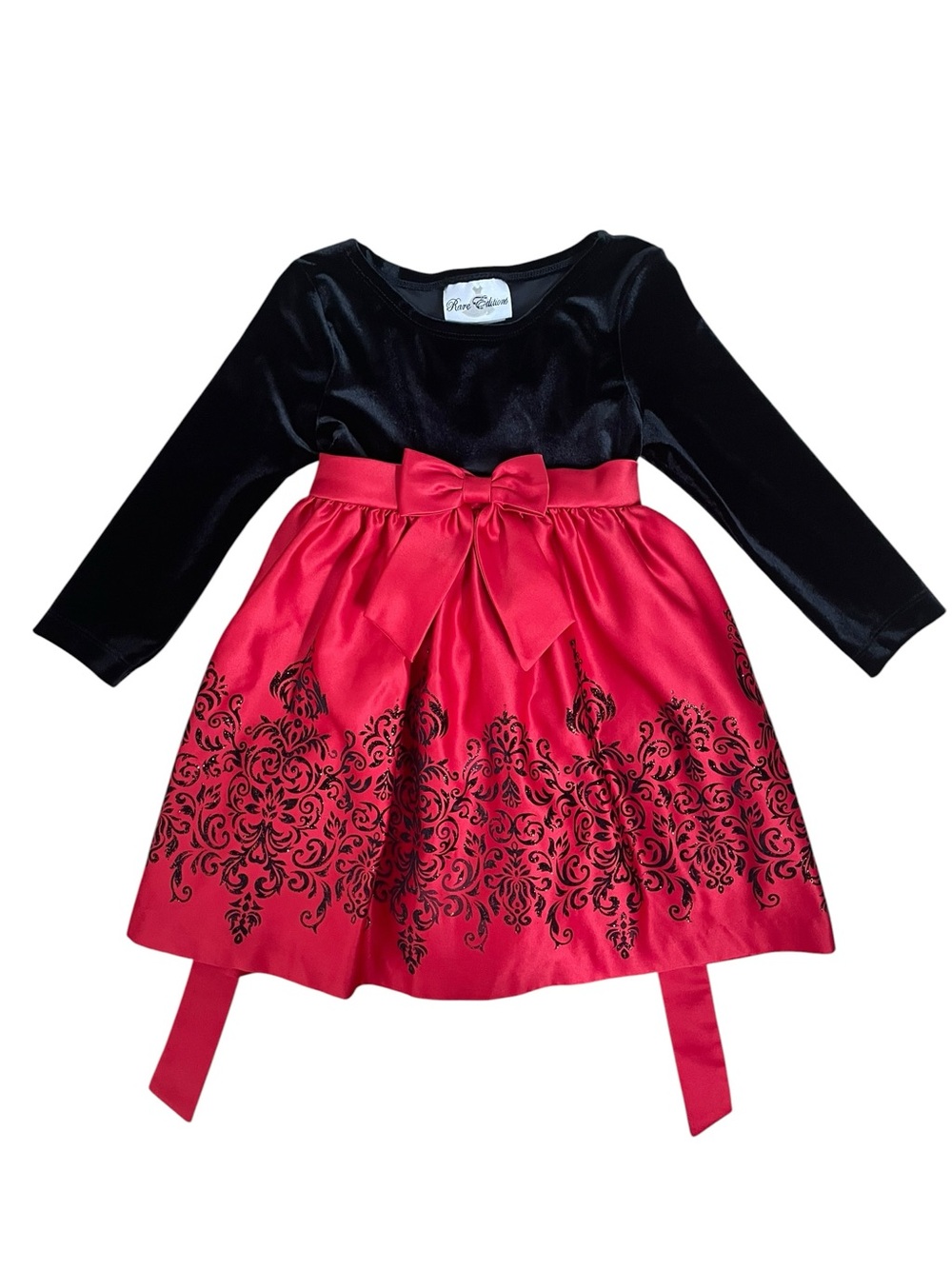 Girls Red Black Holiday Dress Size 3T Velvet Satin Bow Party Dress